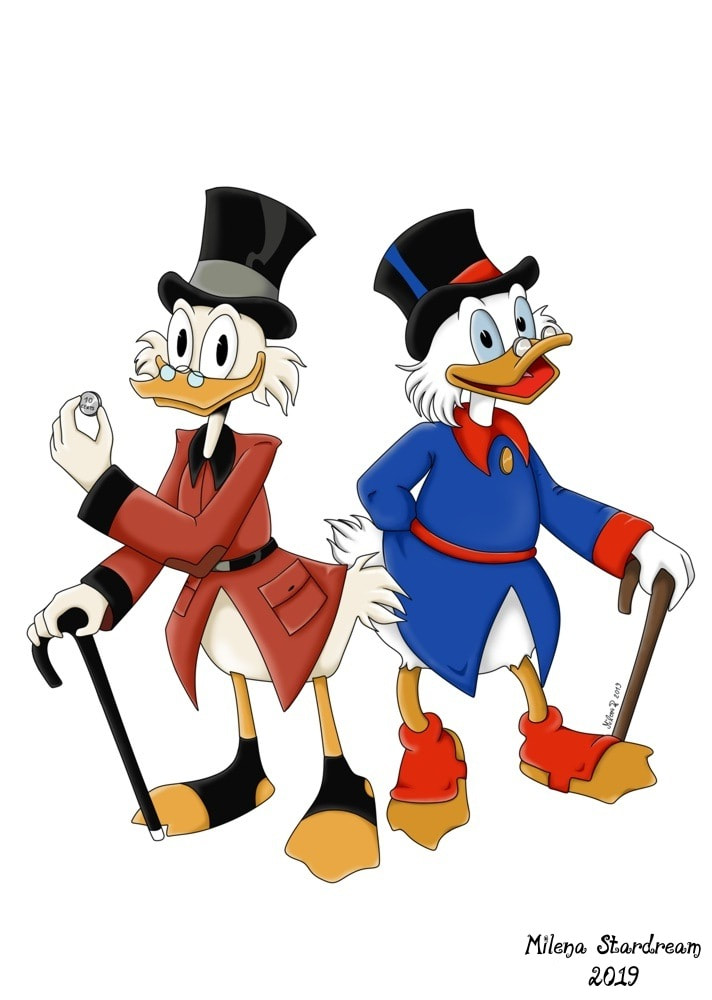 Digital drawing of the two versions of Scrooge McDuck